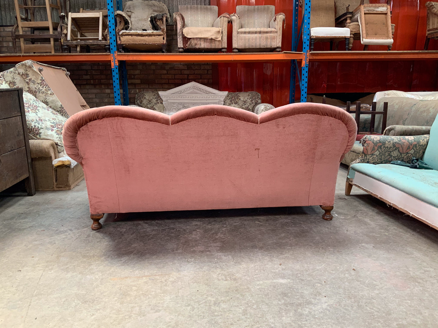 W03 Pink 1930's Scollop Back Three Seater Sofa