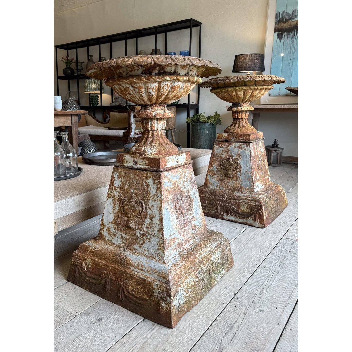 Pair of Large Cast Iron Garden Urns